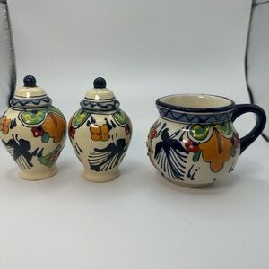 Beautiful Colorful Talavera Creamer and Matching Salt&Pepper. Made in Mexico.